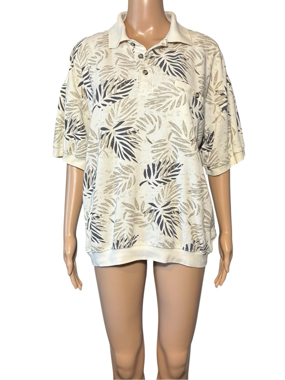 SRT Easy Care Men’s Polo Shirt Size L Beige Tropical Leaf Print Short Sleeve